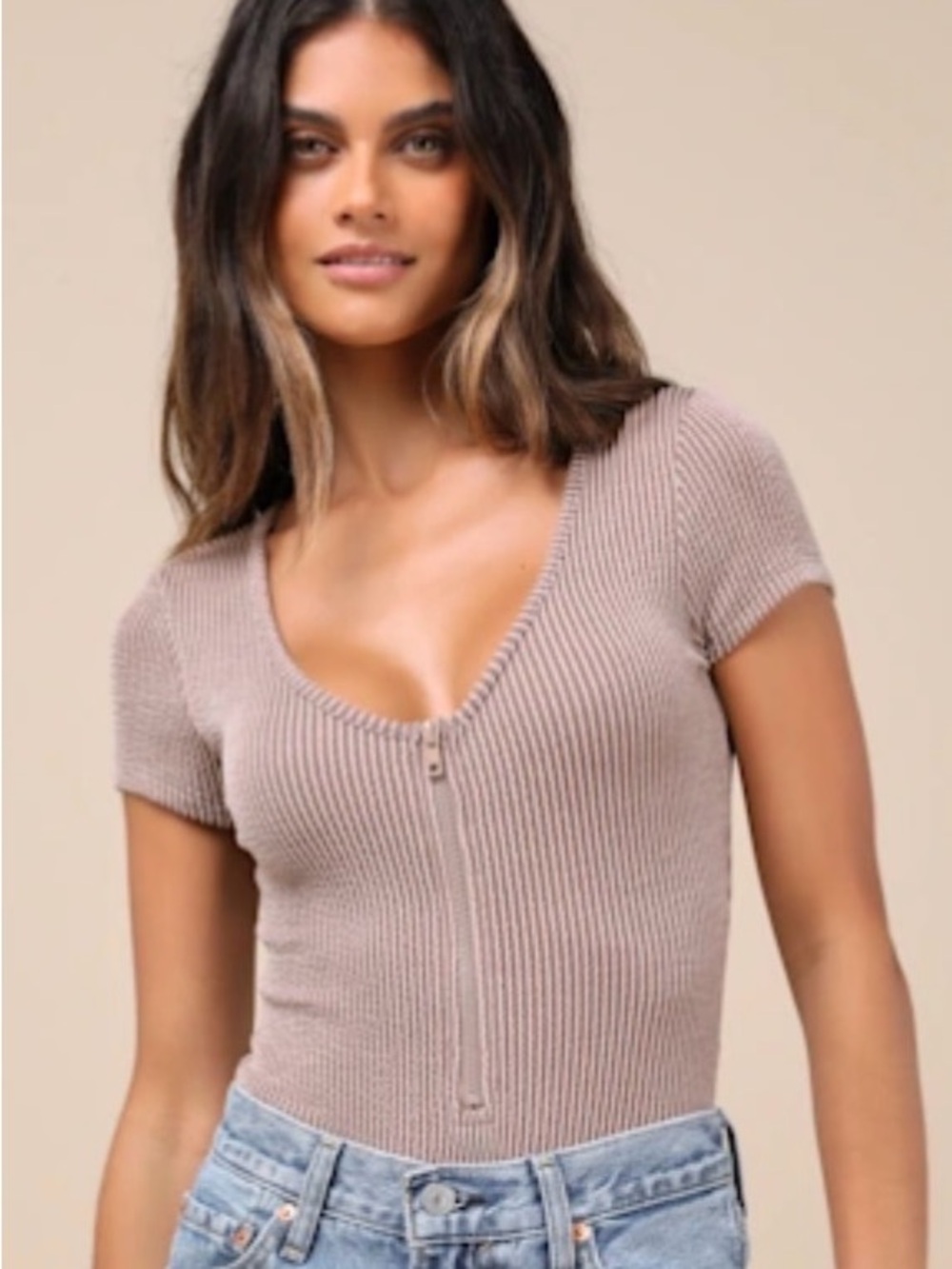 Ribbed Short-Sleeve Scoop Neck bodysuit